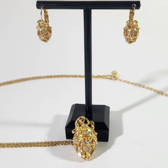Faberge Egg Pendant Necklace Earrings Set Joan Rivers Jewelry Locket Rhinestone - Picture 11 of 12